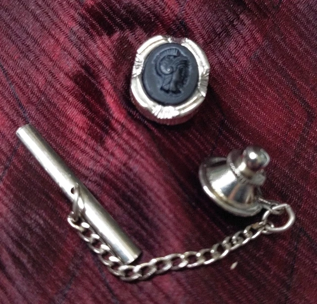 Signed Swank Vintage Cameo Roman Soldier Tie Tack Pin 1/2" Black Silver Chain