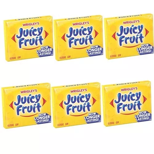 910415 6 x WRIGLEY'S WRIGLEYS JUICY FRUIT GUM 15 STICKS NOW LONGER LASTING