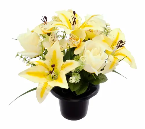 Artificial flower arrangements in grave memorial cemetery pots Lily Yellow 023