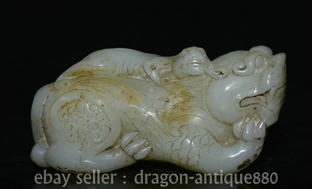 6" ancient Chinese white jade carving Mother son Dragon beast statue sculpture