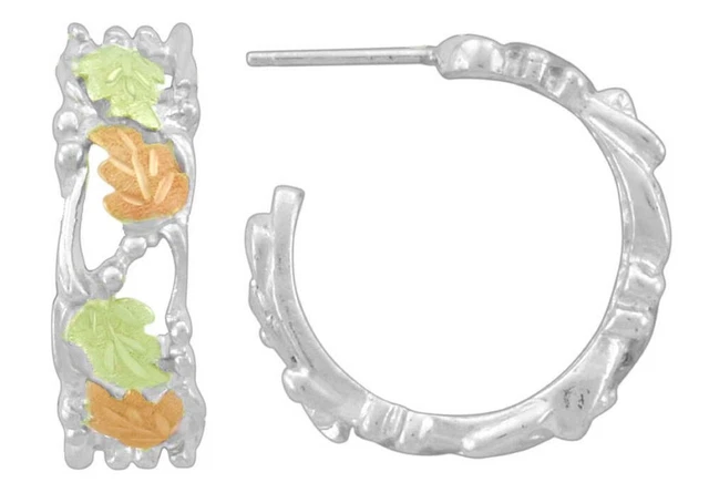 10k black hills gold on sterling silver four leaf half hoop earrings