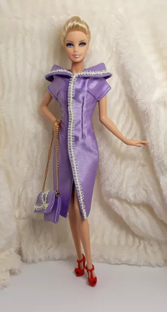 Ooak Outfit Dress Bag Handbag Fits Silkstone Doll FR Handmade Purple Lace Silk