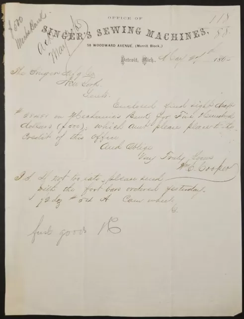 1865 Singer MFG Letter 58 Woodward Ave Detroit MI NY Sewing Machines
