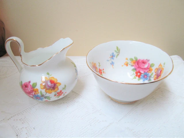 Royal Chelsea England Individual Creamer & Open Sugar Bowl Flowers Gold Trim