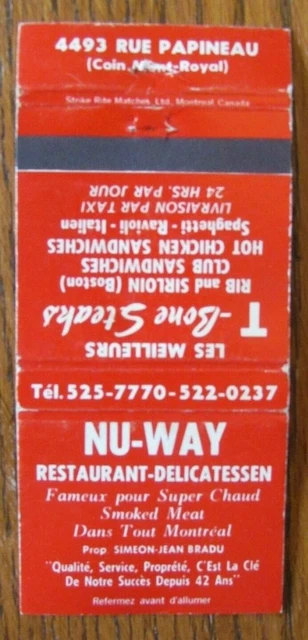 Deli Restaurant Matchbook Cover: Nu-Way Montreal, Quebec Empty Matchcover -D8