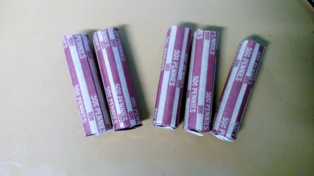 Lot of 250 WHEAT PENNIES -Five Rolls)  1940's-1950's