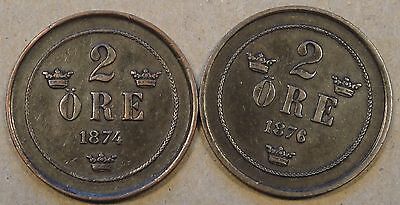 Sweden 1874+76 Two Ore Mid Grade as Pictured