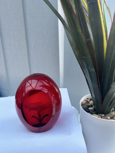 VINTAGE Red  Art Glass Paperweight with A  Flower Inside. Truly Beautiful