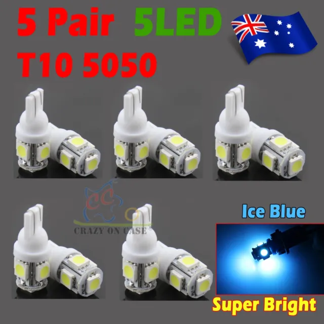 10x T10 5050 SMD 5 LED 194 168 Car Light 12V Wedge Tail Side Lamp Bulb Ice Blue