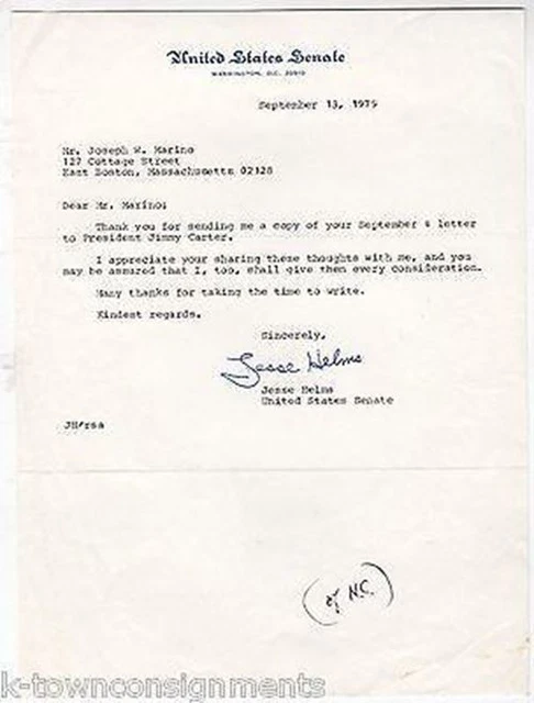 Jesse Helms North Carolina Senator Vintage Autograph Signed Stationery Letter