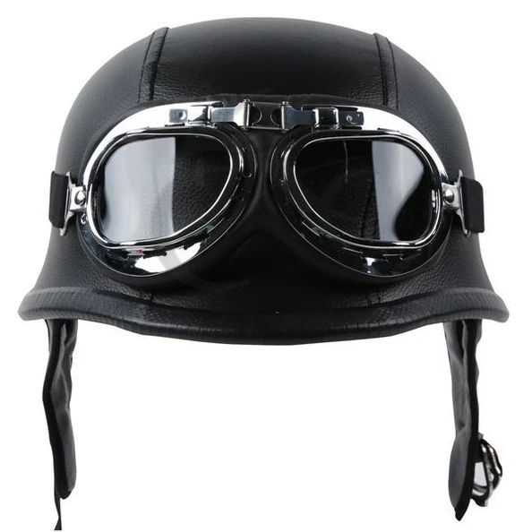 NEW DOT MOTORCYCLE German Black Leather Half Face Helmet With