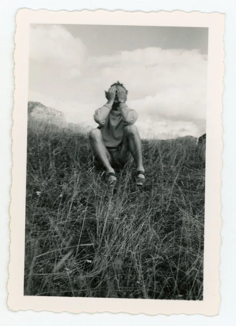 1930 Snapshot Photo - Men Sitting Hands On Face Mountain Neck Toula Humor