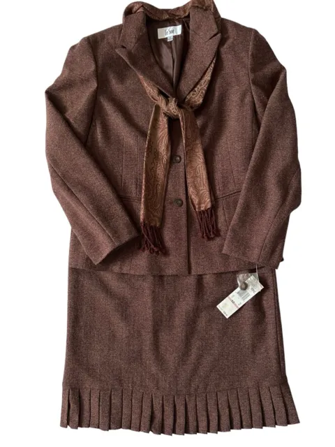 Le Suit Tweed Pleated Skirt Suit Set + Scarf Women's 12 Brown Career Retail $200