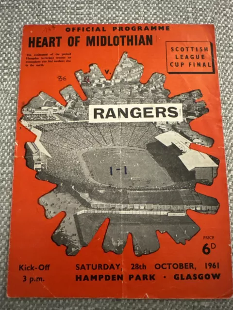 1961 SCOTTISH LEAGUE CUP FINAL : HEARTS v GLASGOW RANGERS