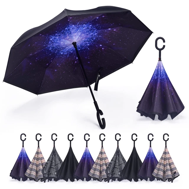 Inverted Umbrella Windproof Double Layer Reverse Umbrellas with C-...