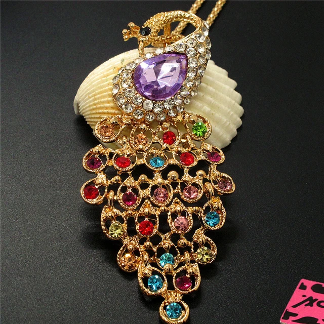 New Purple Crystal Bling Color Peacock Pendant Betsey Johnson China Necklace