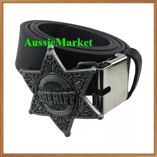 1 x mens ladies belt + belt buckle artificial leather brown black sheriff badge
