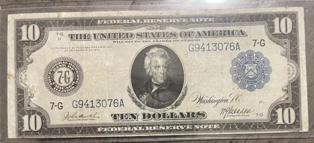 1914 1-A  $10 Ten Dollar Blue Seal Large Size Federal Reserve Note VF Condition