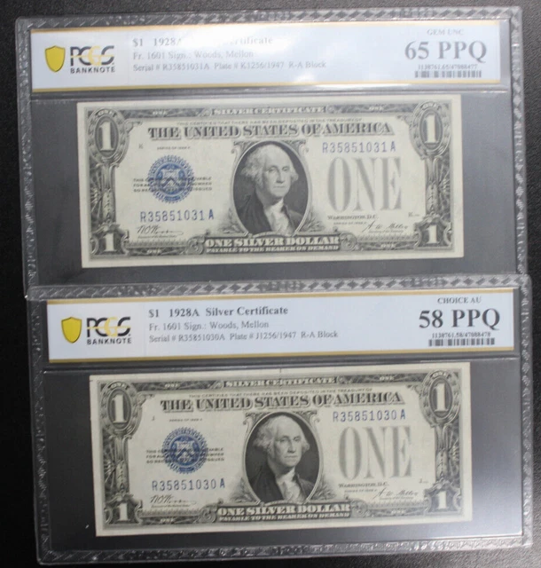2) CONSECUTIVE 1928A $1 Funny Back Silver Certificate, PCGS 58 & 65 PPQ FR 1601
