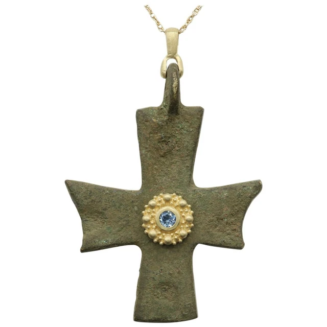 Antik Anhänger Römische Byzantiner Kreuz 18K Gold & Aquamarin Antik Kreuz #1