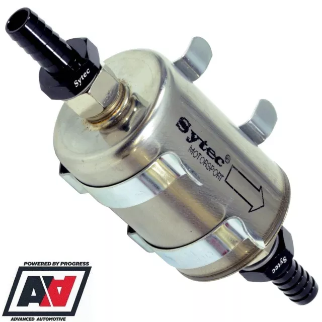 Sytec Motorsport In Line Fuel Filter Hi Flow Type - 12mm Hose Tails & Clips ADV