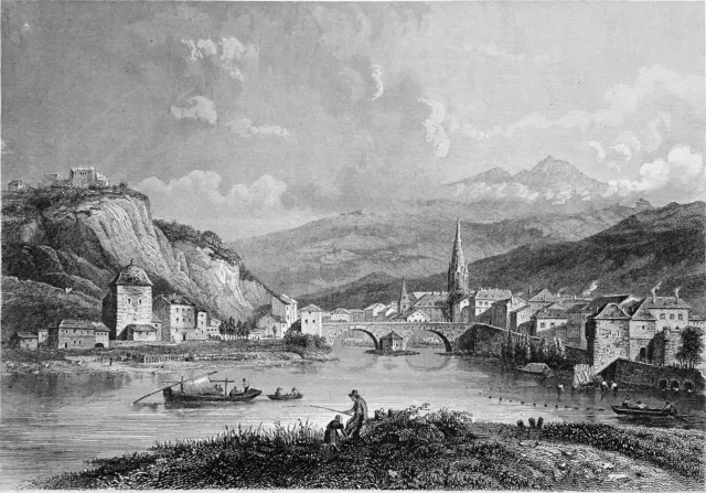 GRENOBLE vue de l'ISÈRE au 19e siècle - Gravure 19e siècle