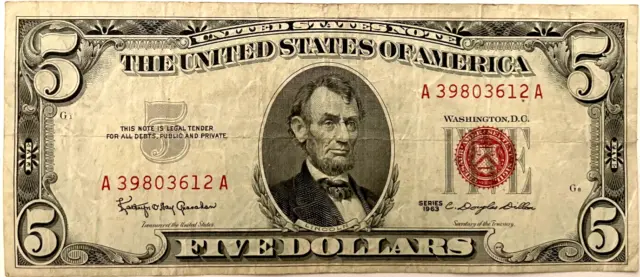 "US $5 Bill" 1963 United States Note Red Seal - PreOwned 😃 💥