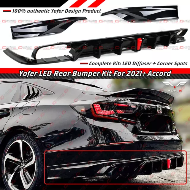 For 2018-2022 Accord Yofer V2 Led Rear Diffuser+ Gloss Black Corner Apron Spat