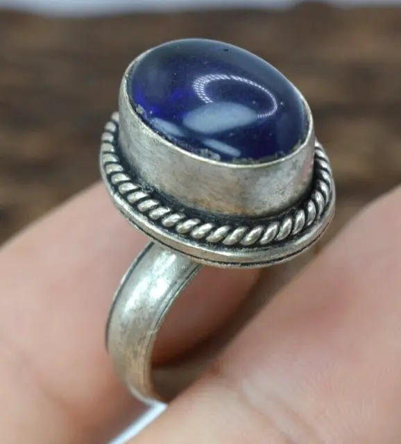 Ancient Antique Silver Color Viking Ring Blue Stone Authentic Artifact Amazing
