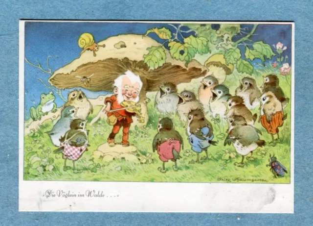 A5445 Postcard   An Elf, Playing a Fiddle, Birds Singing, Mushroom, Snail