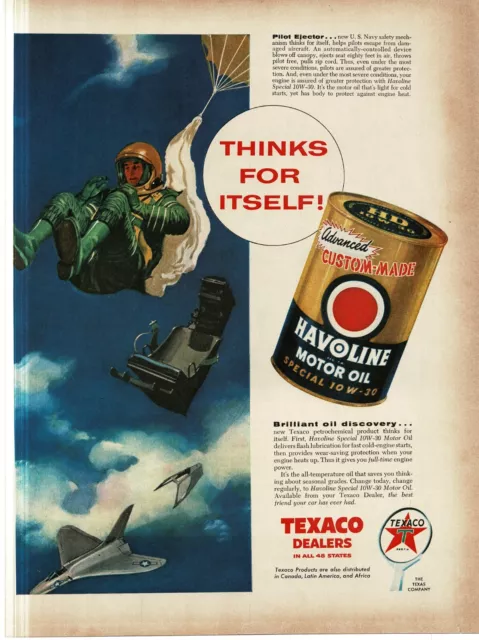 1956 Texaco Havoline Motor Oil pilot ejects from USAF Jet art Print Ad