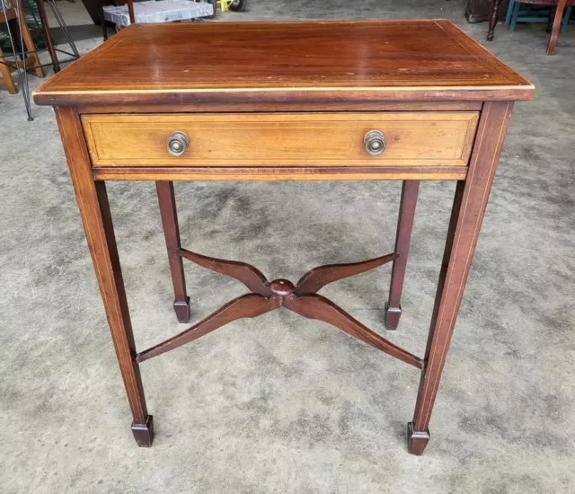 Antique Edwardian inlaid mahogany small single drawer hall end table desk