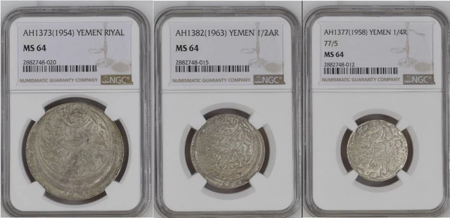 Yemen , 1/4 + 1/2 + Riyal  Sliver Coins Different Dates All  UNC 64 NGC