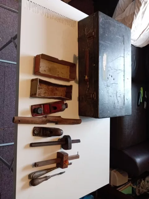 Small Vintage Carpenters Tool Box With Various Vintage Tools .