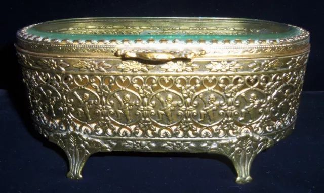 Antique Victorian Gold & Beveled Glass Footed Jewelry Case Casket Cherubs flower