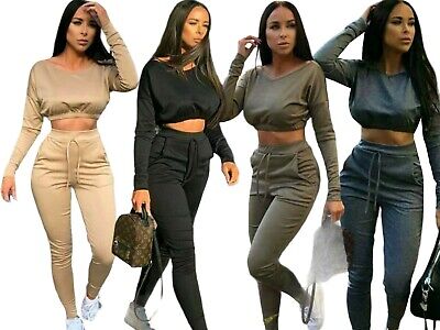 Ladies Co ord Crop Top Bottoms Set Womens Loungewear Two Piece Suit Tracksuit