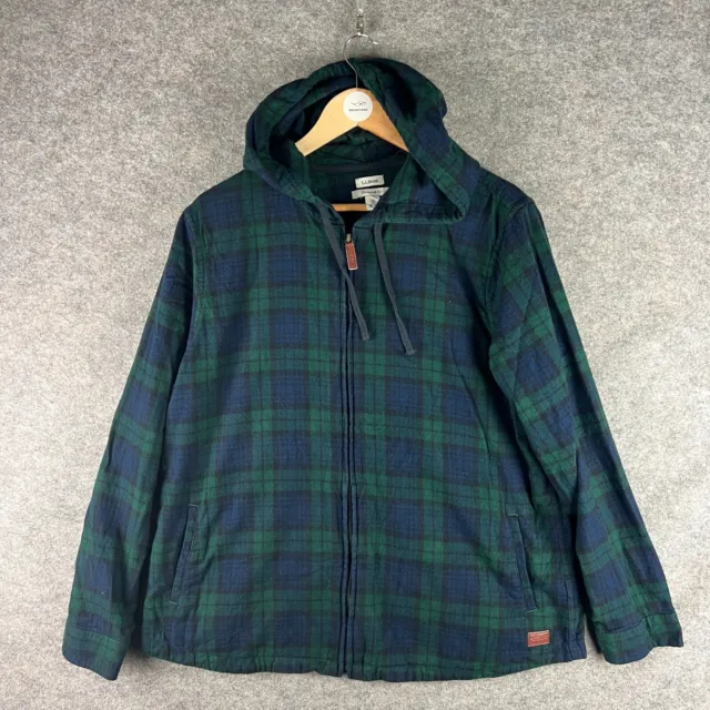 LL Bean Jacket Mens Extra Large Green Check Flannel Hooded Relaxed Fit Cotton XL