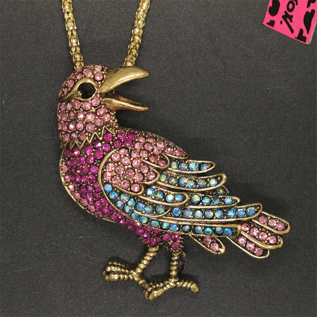 Betsey Johnson Rose Red Rhinestone Cute Bird Crystal Pendant Chain Necklace