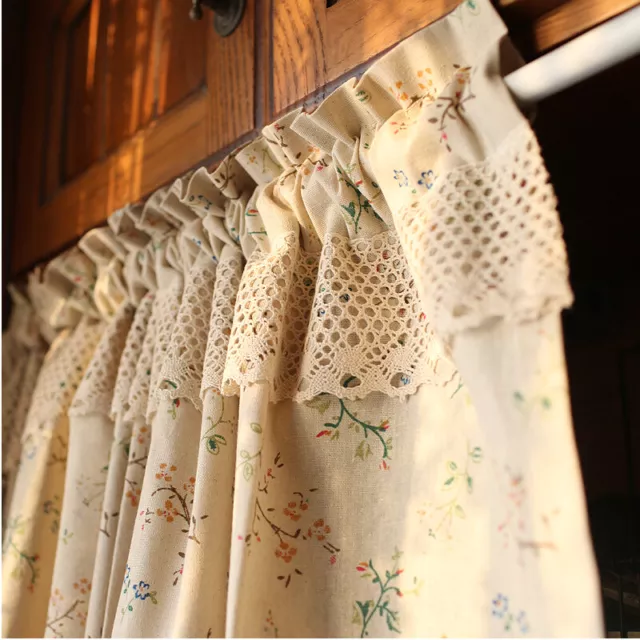 @ Lovely Spring Flowers Linen Cotton Crochet Lace Kitchen Café Curtain 50cm Drop