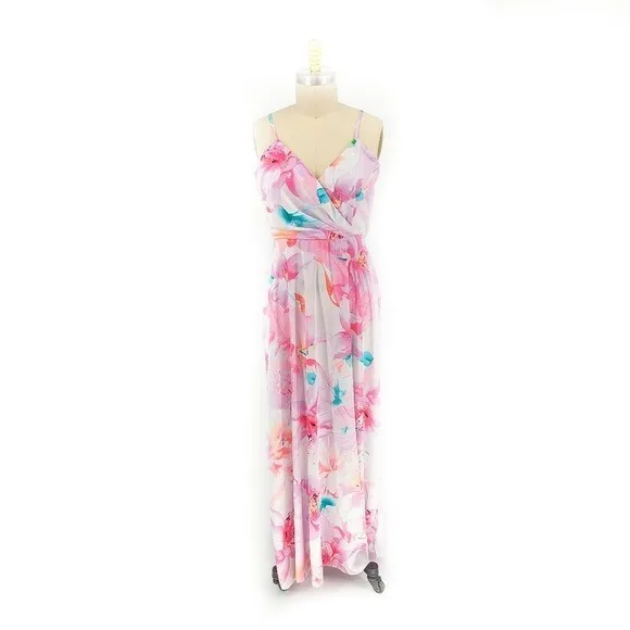 Nicole Miller Floral Satin Maxi Dress Pink L bohemian summer resortwear wedding