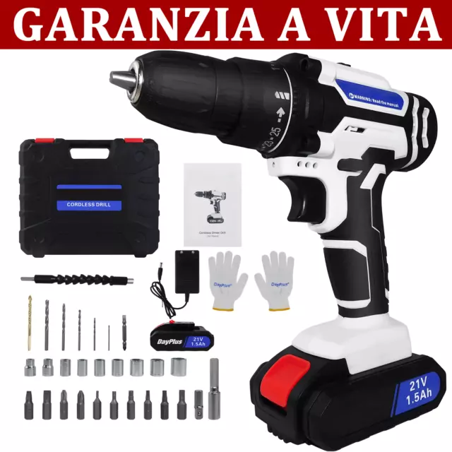 Trapano Avvitatore A Batteria Litio 1400 Giri Al Minuto 21V Con Led + Accessori