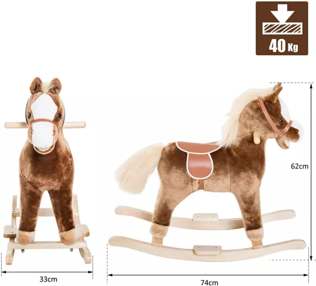 Cheval à Bascule Cheval de Cowboy Selle Grand Confort Peluche Courte Douce Bois 3