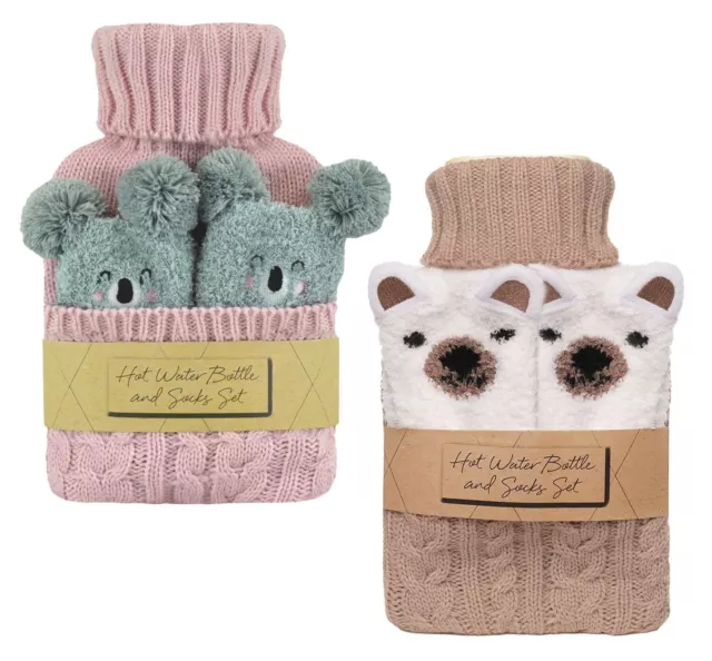 Hot Water Bottle & Socks Gift Set Knitted Cover Fluffy Cosy Warm Sock Gifting