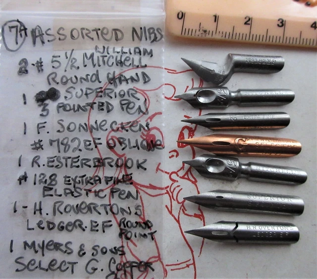 7 VINTAGE ASSORTED Dip Pen Nibs-Sonnecken Oblique+Overtons+Others+Draw ...