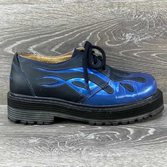 VINTAGE SHA SHA 90s Y2K Mens 9 Black Leather Tribal Blue  display picture 1