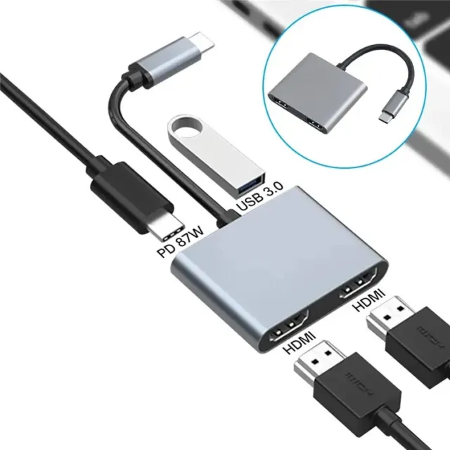 USB C Hub 4 in 1 Adapter USB 3.0 Port 2x HDMI 4K Dual Monitor PD-Port MacBook