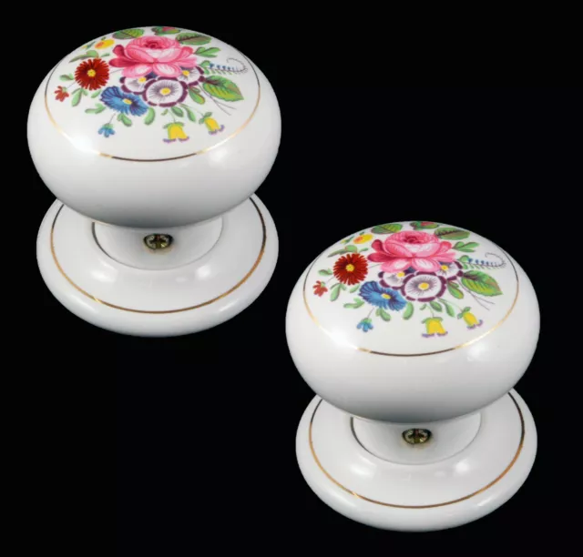 Ceramic Door Knob Set White Floral Chintz Design (Pair) 60mm