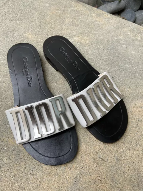 Dior Diorevolution Dway White Black Leather Logo Flat Sandals Slides 37