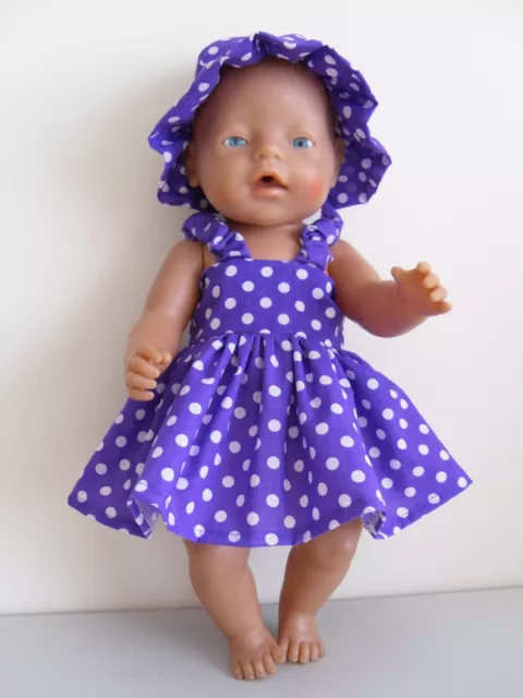 DOLLS CLOTHES TO FIT 17" BABY BORN SIZE DOLL - 3 Piece Dress Set Purple Dot