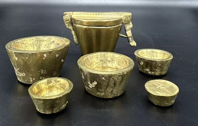 Antique 19th Century Brass 6 pc Graduated Apothecary Nesting Weight Set